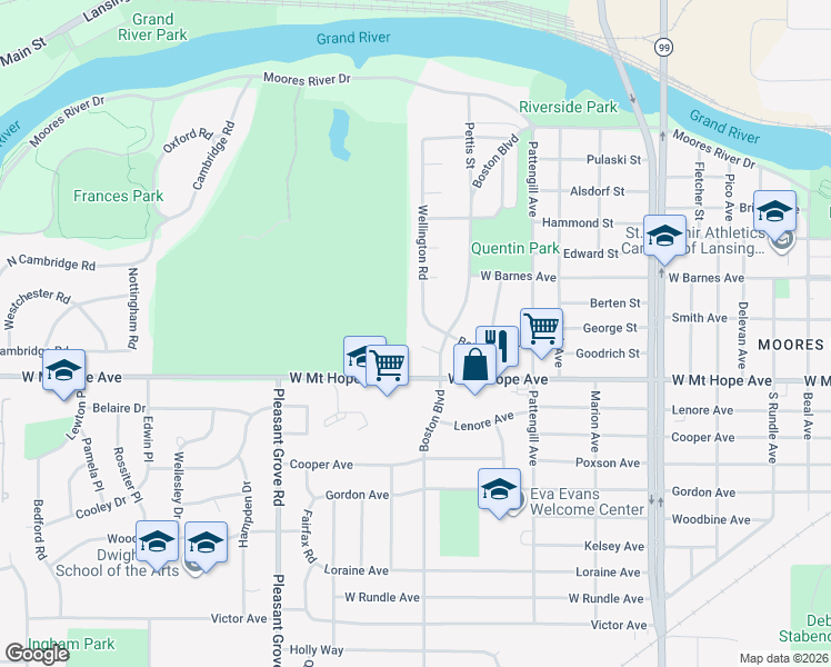 map of restaurants, bars, coffee shops, grocery stores, and more near 1718 Wellington Road in Lansing