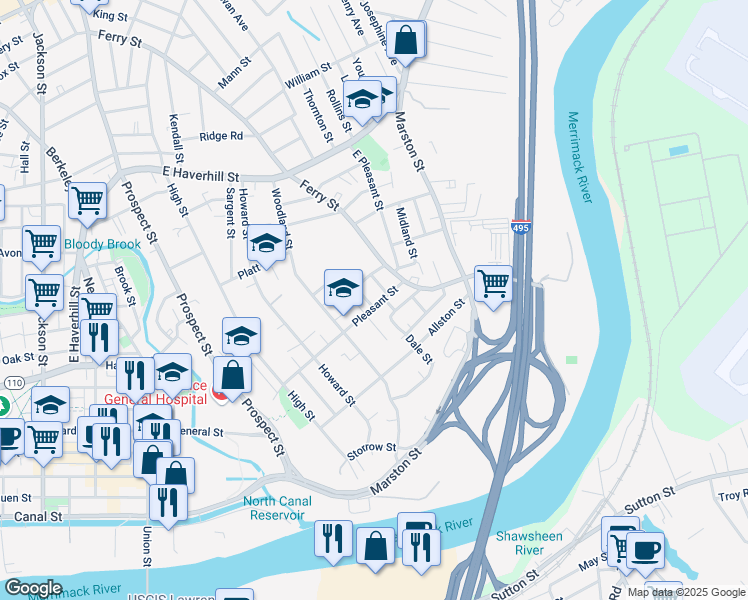 map of restaurants, bars, coffee shops, grocery stores, and more near 15 Hey Street in Lawrence