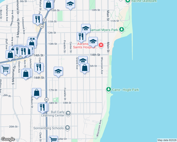 map of restaurants, bars, coffee shops, grocery stores, and more near 1500 Park Avenue in Racine