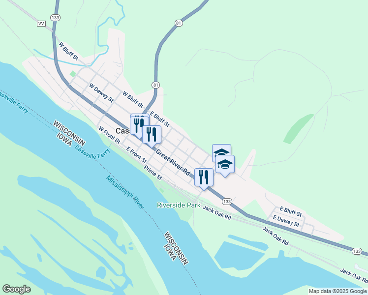 map of restaurants, bars, coffee shops, grocery stores, and more near 321 East Bluff Street in Cassville