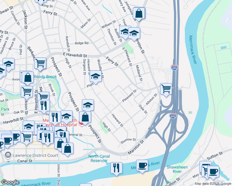 map of restaurants, bars, coffee shops, grocery stores, and more near 28 Kress Street in Lawrence