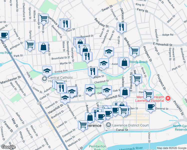map of restaurants, bars, coffee shops, grocery stores, and more near 131 Lawrence Street in Lawrence