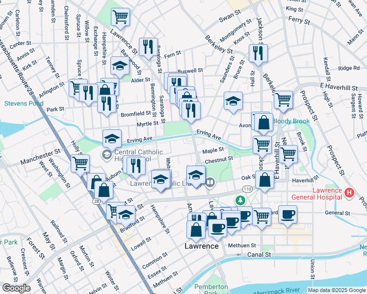 map of restaurants, bars, coffee shops, grocery stores, and more near 174 Lawrence Street in Lawrence