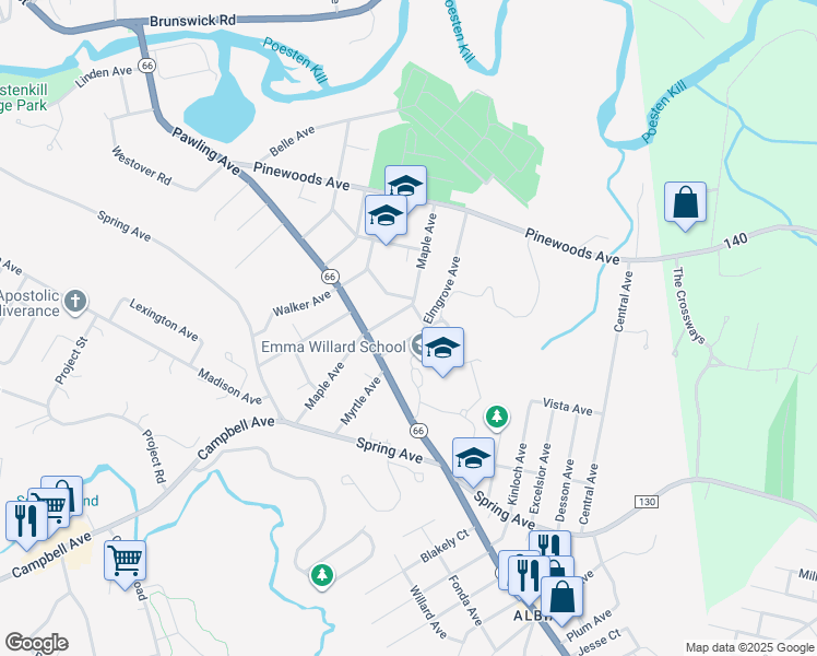map of restaurants, bars, coffee shops, grocery stores, and more near 123 Maple Avenue in Troy