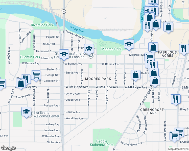 map of restaurants, bars, coffee shops, grocery stores, and more near 718 Smith Avenue in Lansing