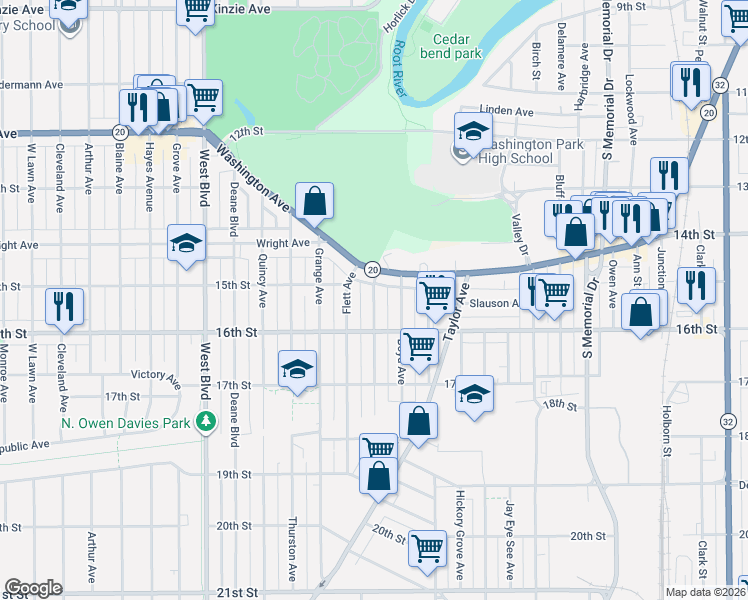 map of restaurants, bars, coffee shops, grocery stores, and more near 2421 Washington Avenue in Racine