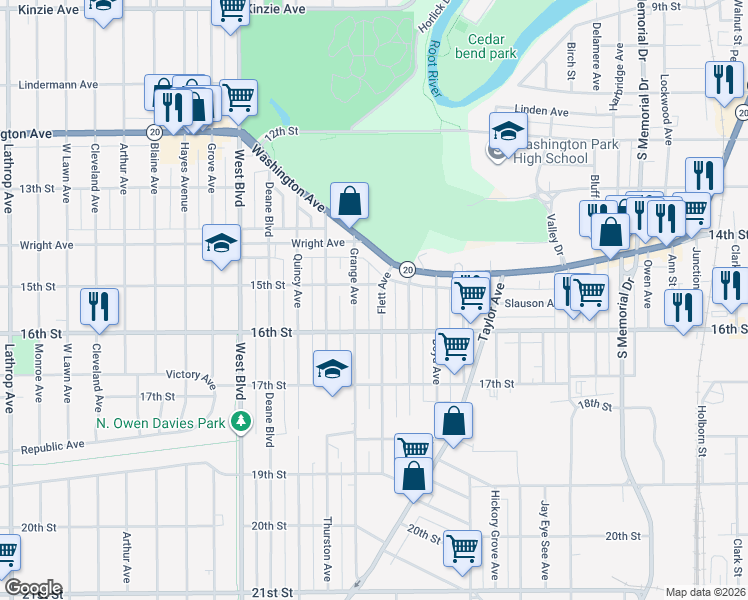 map of restaurants, bars, coffee shops, grocery stores, and more near 1419 Flett Avenue in Racine