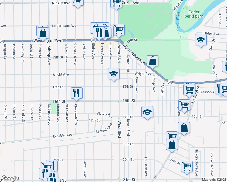map of restaurants, bars, coffee shops, grocery stores, and more near 1430 Grove Avenue in Racine