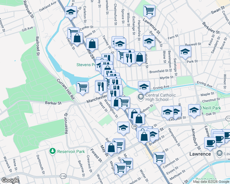 map of restaurants, bars, coffee shops, grocery stores, and more near 429 Broadway in Lawrence
