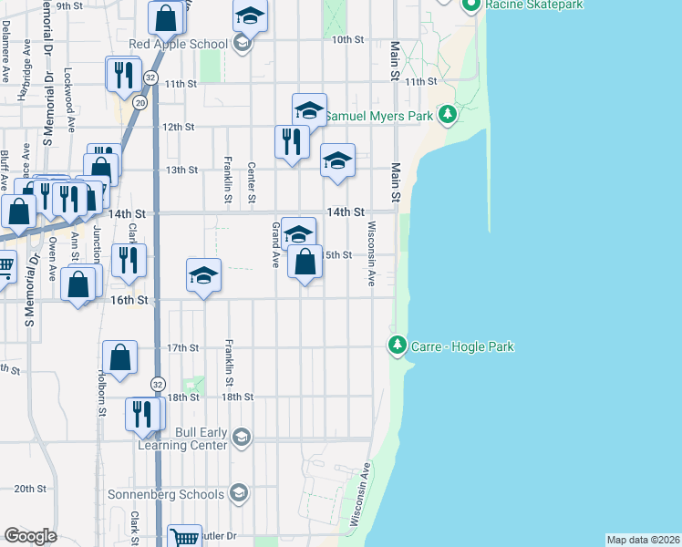 map of restaurants, bars, coffee shops, grocery stores, and more near 1501 College Avenue in Racine