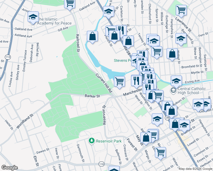 map of restaurants, bars, coffee shops, grocery stores, and more near 43 Currant Hill Road in Lawrence