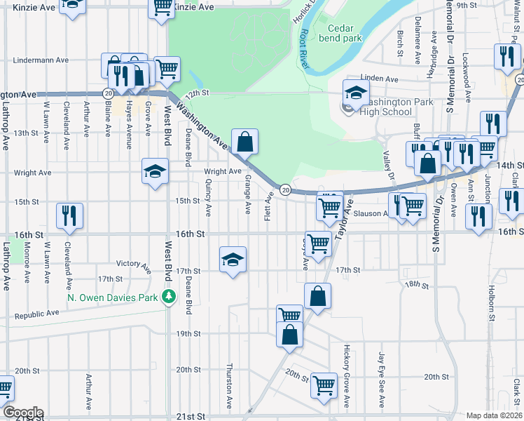 map of restaurants, bars, coffee shops, grocery stores, and more near 1419 Flett Avenue in Racine