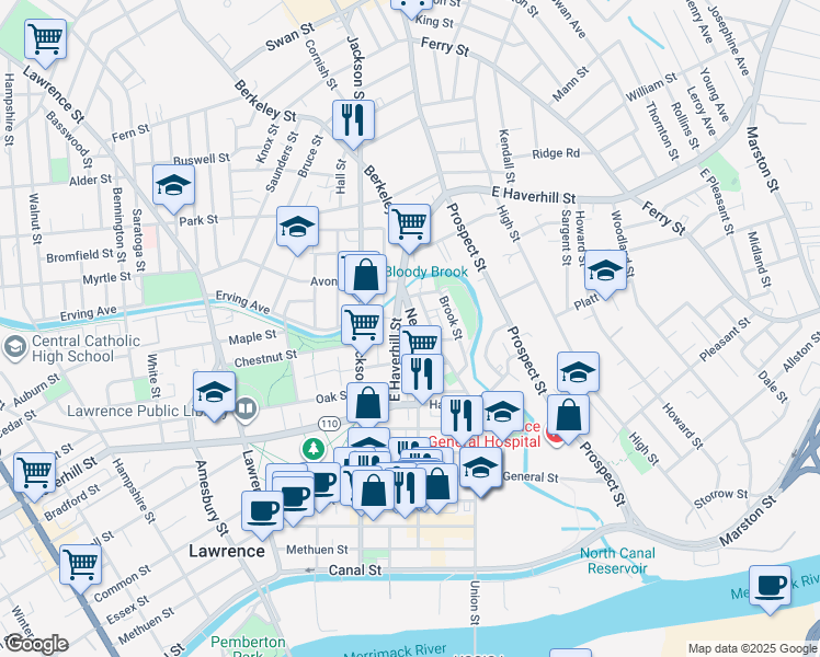 map of restaurants, bars, coffee shops, grocery stores, and more near 168 Newbury Street in Lawrence