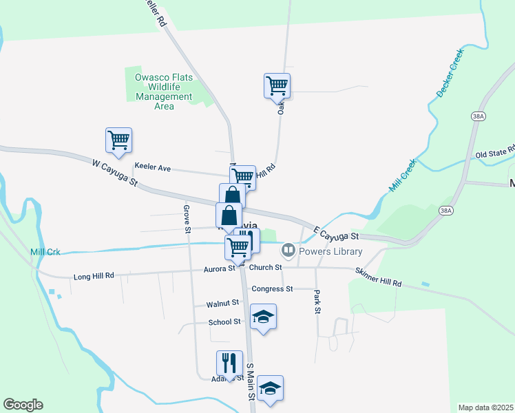 map of restaurants, bars, coffee shops, grocery stores, and more near 15 East Cayuga Street in Moravia