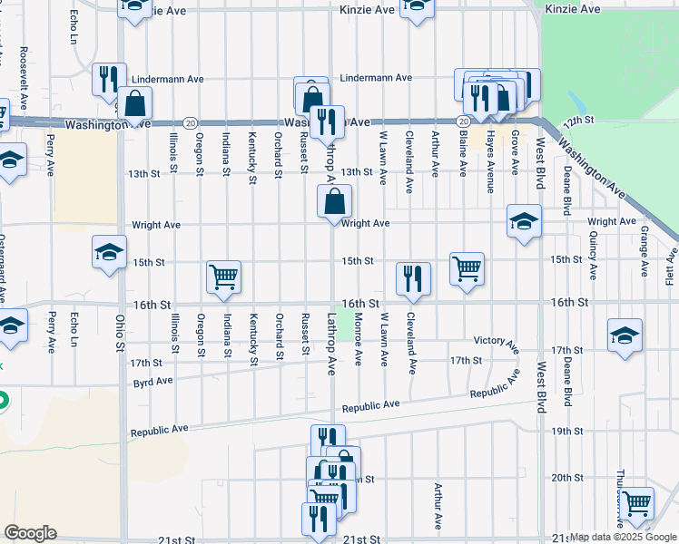 map of restaurants, bars, coffee shops, grocery stores, and more near 1436 Monroe Avenue in Racine