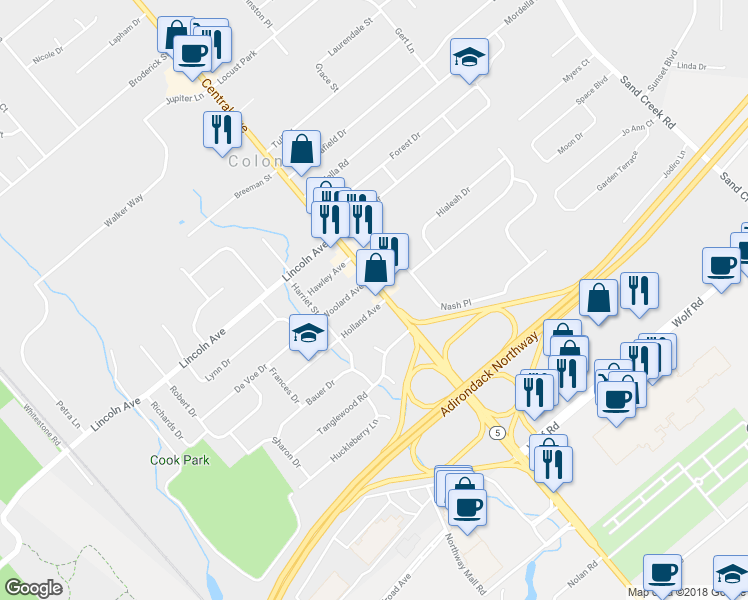 map of restaurants, bars, coffee shops, grocery stores, and more near 1528 Central Avenue in Albany
