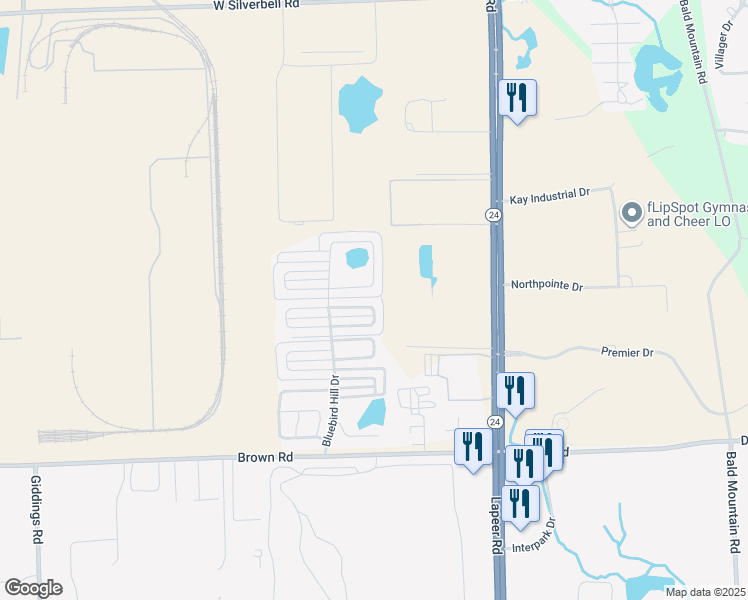 map of restaurants, bars, coffee shops, grocery stores, and more near 1 Bluebird Hill Drive in Orion charter Township