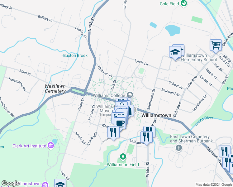 map of restaurants, bars, coffee shops, grocery stores, and more near 880 Main Street in Williamstown