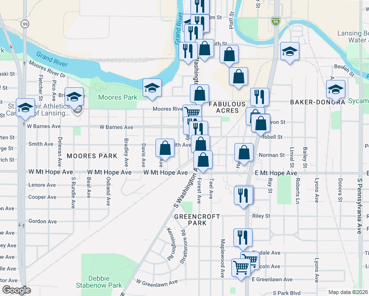 map of restaurants, bars, coffee shops, grocery stores, and more near 122 Smith Avenue in Lansing
