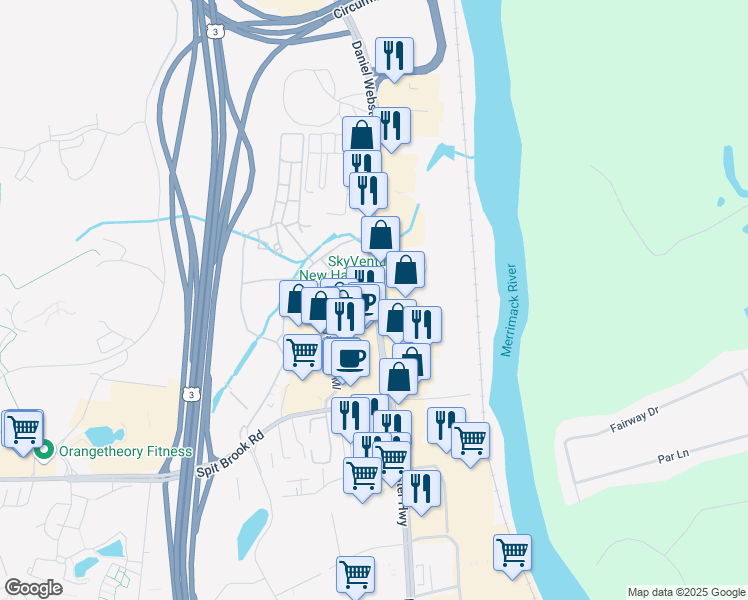 map of restaurants, bars, coffee shops, grocery stores, and more near 221 Daniel Webster Highway in Nashua