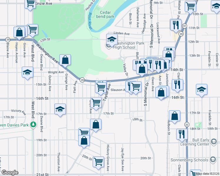 map of restaurants, bars, coffee shops, grocery stores, and more near 2114 Slauson Avenue in Racine