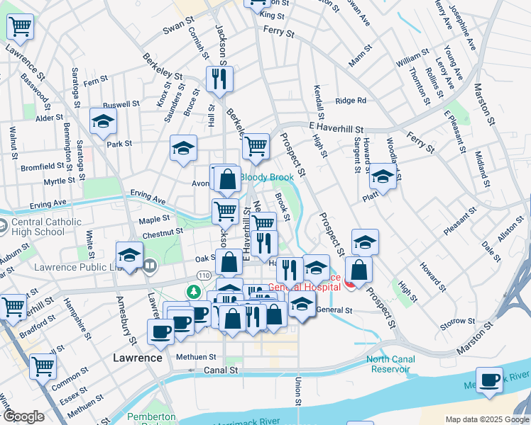 map of restaurants, bars, coffee shops, grocery stores, and more near 192 Union Street in Lawrence