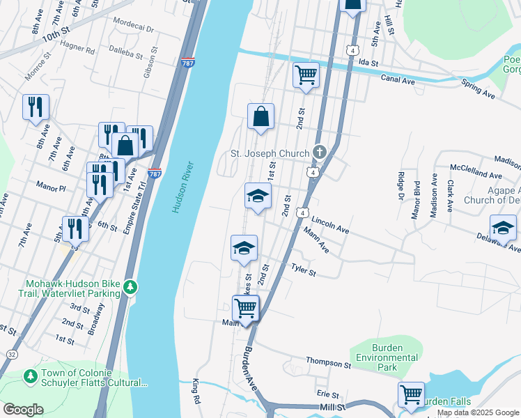 map of restaurants, bars, coffee shops, grocery stores, and more near 430 1st Street in Troy