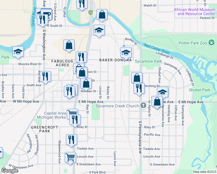 map of restaurants, bars, coffee shops, grocery stores, and more near 624 Isbell Street in Lansing