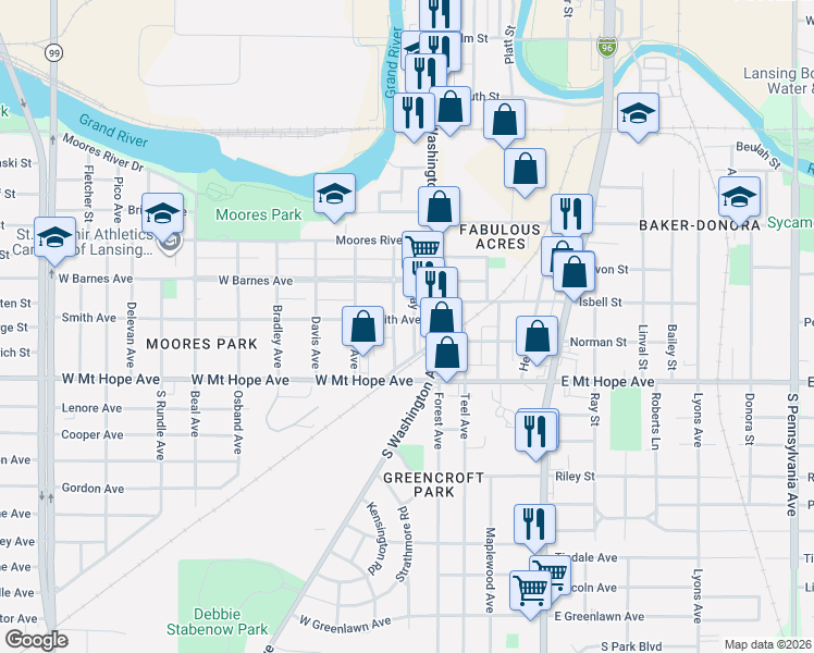 map of restaurants, bars, coffee shops, grocery stores, and more near 122 Smith Avenue in Lansing