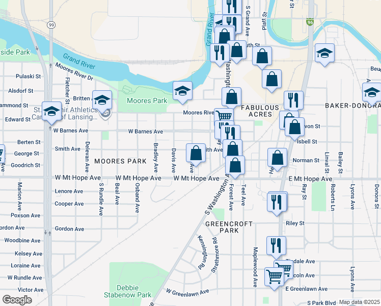 map of restaurants, bars, coffee shops, grocery stores, and more near 220 Smith Avenue in Lansing