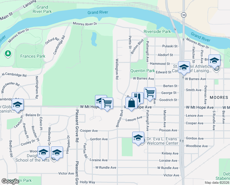 map of restaurants, bars, coffee shops, grocery stores, and more near 1718 Wellington Road in Lansing