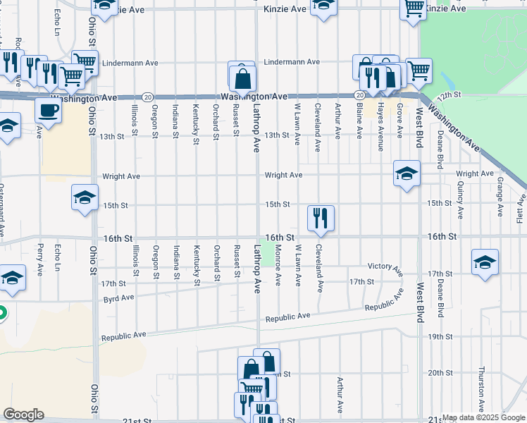 map of restaurants, bars, coffee shops, grocery stores, and more near 1436 Monroe Avenue in Racine