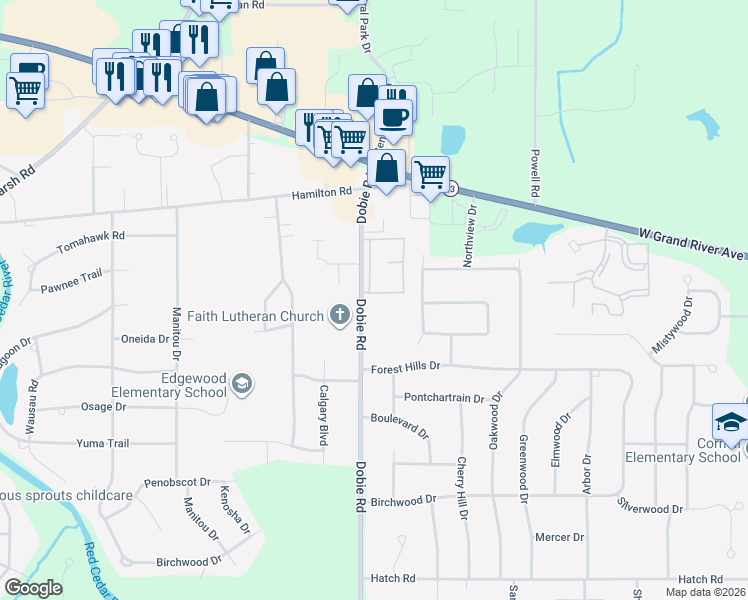 map of restaurants, bars, coffee shops, grocery stores, and more near 4568 Blackstone Trail in Meridian charter Township