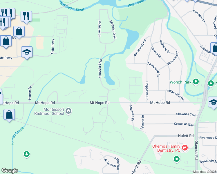 map of restaurants, bars, coffee shops, grocery stores, and more near 4562 Sequoia Trail in Meridian charter Township