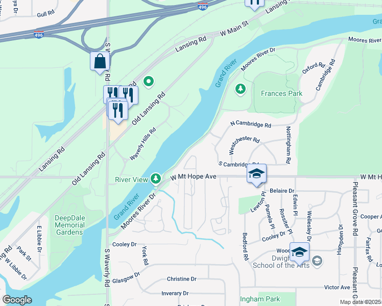 map of restaurants, bars, coffee shops, grocery stores, and more near 3333 Moores River Drive in Lansing