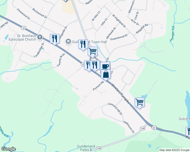 map of restaurants, bars, coffee shops, grocery stores, and more near 2568 Western Avenue in Altamont