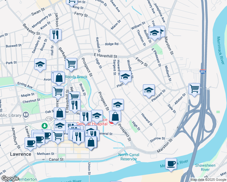 map of restaurants, bars, coffee shops, grocery stores, and more near 28 Platt Street in Lawrence