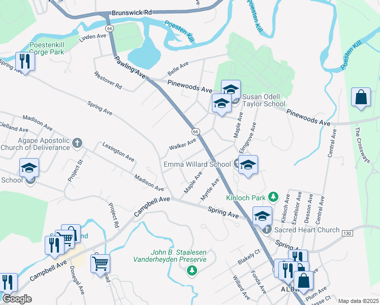 map of restaurants, bars, coffee shops, grocery stores, and more near 4 Walker Avenue in Troy