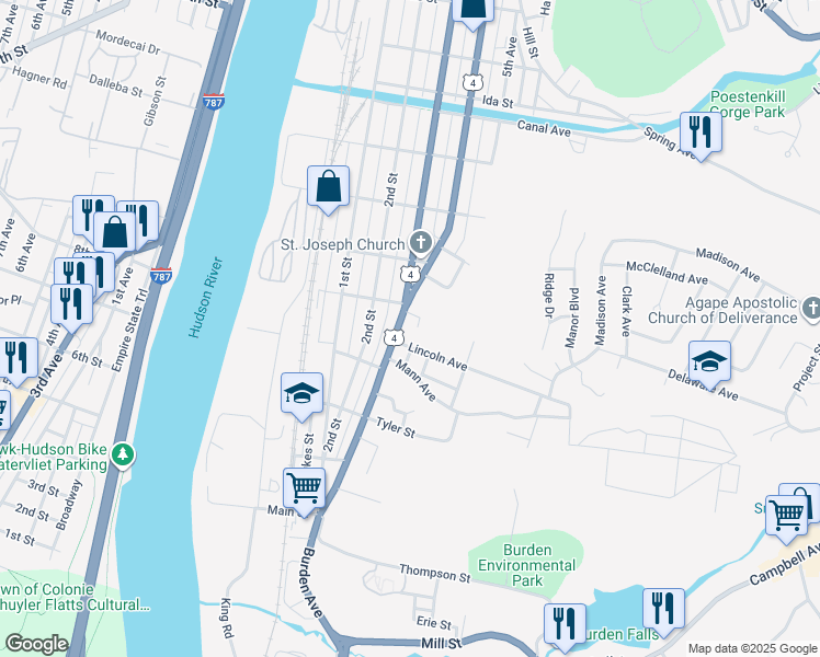 map of restaurants, bars, coffee shops, grocery stores, and more near 502 4th Street in Troy