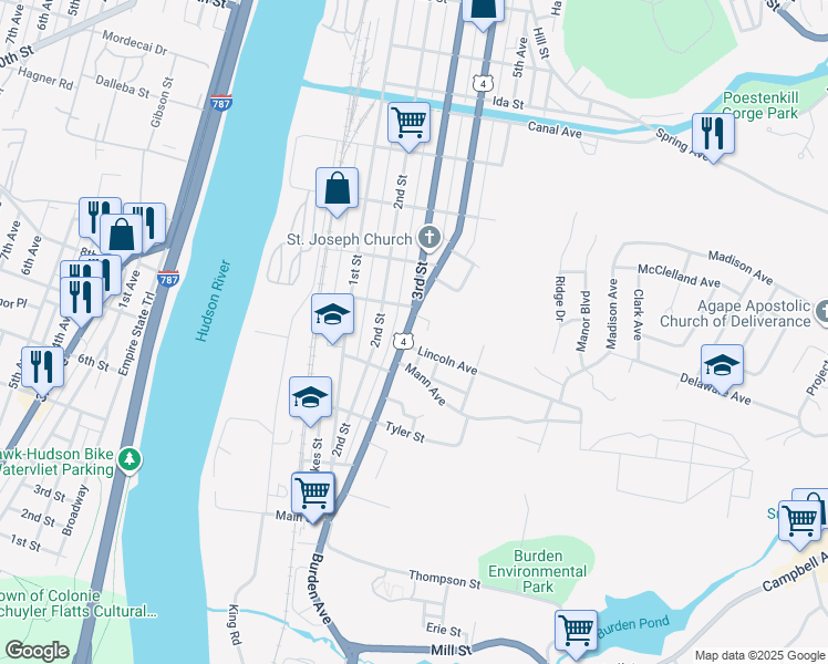 map of restaurants, bars, coffee shops, grocery stores, and more near 502 4th Street in Troy