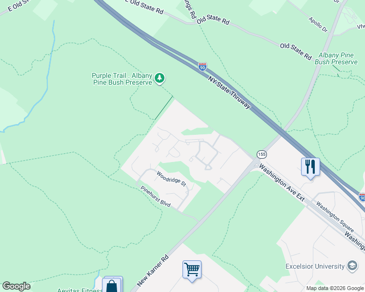 map of restaurants, bars, coffee shops, grocery stores, and more near 89-111 Point of Woods Drive in Albany