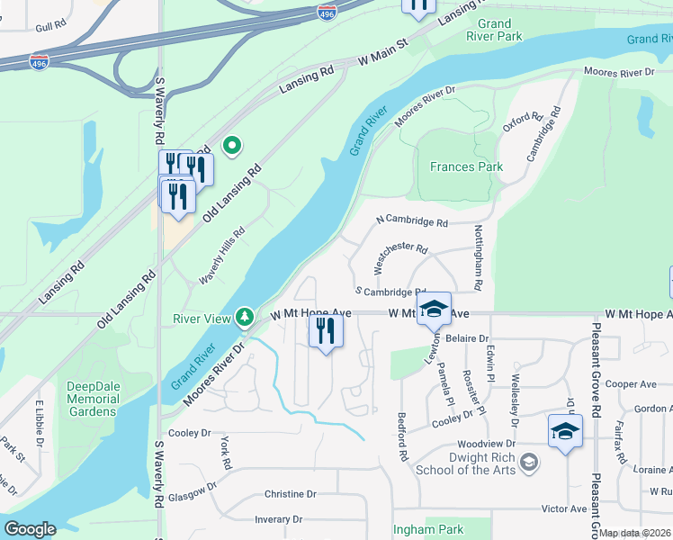 map of restaurants, bars, coffee shops, grocery stores, and more near 3225 South Cambridge Road in Lansing