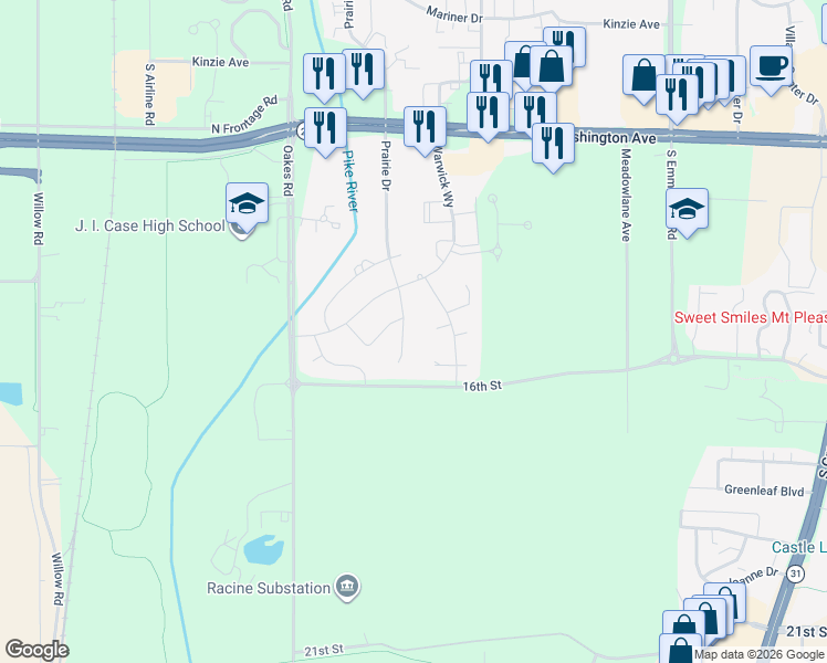 map of restaurants, bars, coffee shops, grocery stores, and more near 1515 Prairie Drive in Mount Pleasant