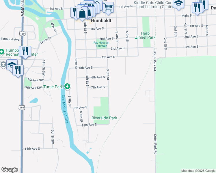 map of restaurants, bars, coffee shops, grocery stores, and more near 600 South 5th Street in Humboldt