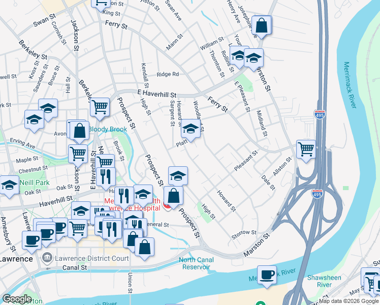 map of restaurants, bars, coffee shops, grocery stores, and more near 361 Howard Street in Lawrence