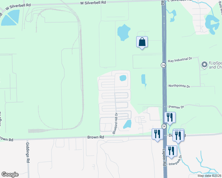 map of restaurants, bars, coffee shops, grocery stores, and more near 47 Bluebird Hill Drive in Orion Township