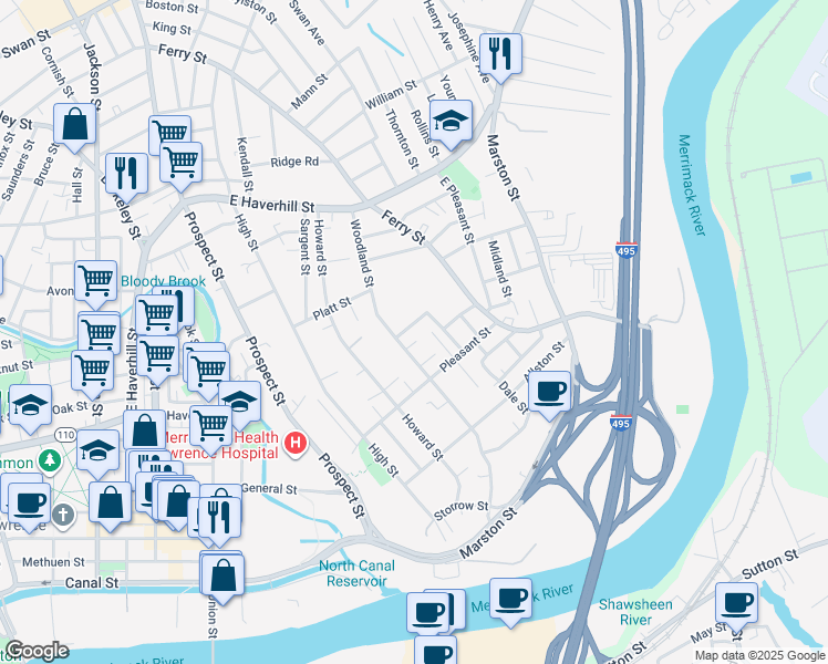 map of restaurants, bars, coffee shops, grocery stores, and more near 28 Kress Street in Lawrence