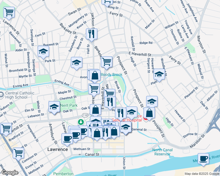 map of restaurants, bars, coffee shops, grocery stores, and more near 185 Newbury Street in Lawrence
