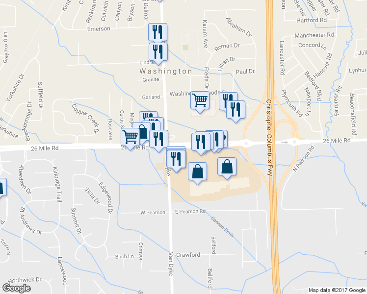 map of restaurants, bars, coffee shops, grocery stores, and more near 8492 26 Mile Rd in Charter Township of Shelby