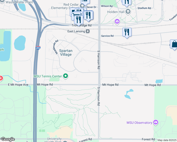 map of restaurants, bars, coffee shops, grocery stores, and more near 14 Crescent Road in East Lansing